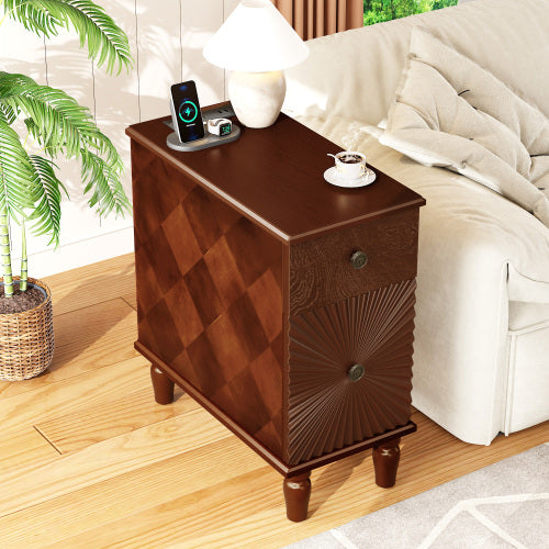 2 Drawer Modern Sofa Side Table, Narrow Side Table, Slim Nightstand for Living Room, Bedroom