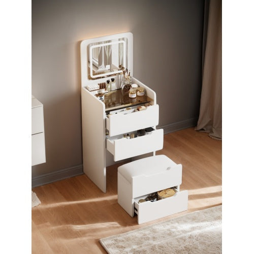 3 in 1 Vanity Desk with Plip Top Mirror, Small Make Up Vanity Set with Visible Glass Desktop, Compact Makeup Vanity with 3 Drawers, Dressing Table for Bedroom