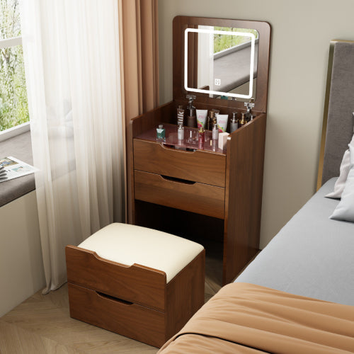 3 in 1 Vanity Desk with Plip Top Mirror, Small Make Up Vanity Set with Visible Glass Desktop, Compact Makeup Vanity with 3 Drawers, Dressing Table for Bedroom