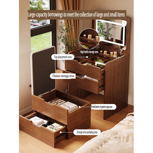 3 in 1 Vanity Desk with Plip Top Mirror, Small Make Up Vanity Set with Visible Glass Desktop, Compact Makeup Vanity with 3 Drawers, Dressing Table for Bedroom
