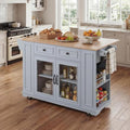 54" Mobile Kitchen Island with Glass Door Storage, Power Outlet & Open Shelves, Rolling Kitchen Cart with Towel Rack, Spice Rack & Knife Holder, Functional Kitchen Prep Table for Kitchen, Dining