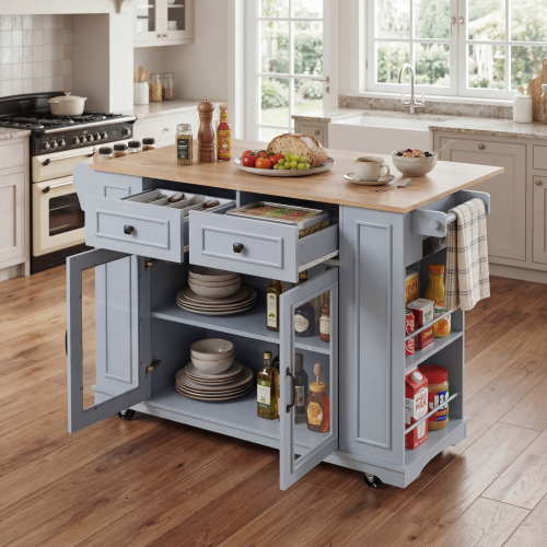 54" Mobile Kitchen Island with Glass Door Storage, Power Outlet & Open Shelves, Rolling Kitchen Cart with Towel Rack, Spice Rack & Knife Holder, Functional Kitchen Prep Table for Kitchen, Dining