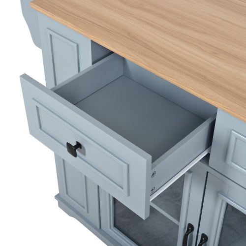 54" Mobile Kitchen Island with Glass Door Storage, Power Outlet & Open Shelves, Rolling Kitchen Cart with Towel Rack, Spice Rack & Knife Holder, Functional Kitchen Prep Table for Kitchen, Dining