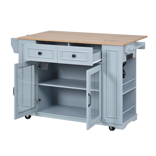 54" Mobile Kitchen Island with Glass Door Storage, Power Outlet & Open Shelves, Rolling Kitchen Cart with Towel Rack, Spice Rack & Knife Holder, Functional Kitchen Prep Table for Kitchen, Dining