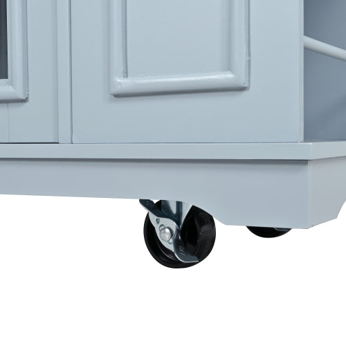 54" Mobile Kitchen Island with Glass Door Storage, Power Outlet & Open Shelves, Rolling Kitchen Cart with Towel Rack, Spice Rack & Knife Holder, Functional Kitchen Prep Table for Kitchen, Dining