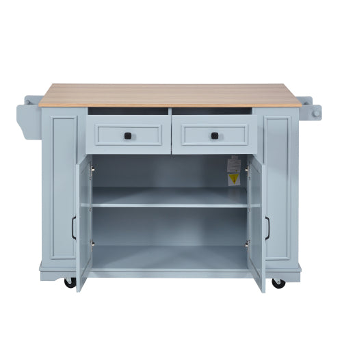 54" Mobile Kitchen Island with Glass Door Storage, Power Outlet & Open Shelves, Rolling Kitchen Cart with Towel Rack, Spice Rack & Knife Holder, Functional Kitchen Prep Table for Kitchen, Dining