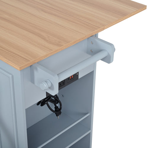 54" Mobile Kitchen Island with Glass Door Storage, Power Outlet & Open Shelves, Rolling Kitchen Cart with Towel Rack, Spice Rack & Knife Holder, Functional Kitchen Prep Table for Kitchen, Dining