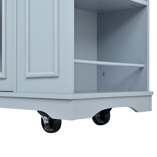 54" Mobile Kitchen Island with Glass Door Storage, Power Outlet & Open Shelves, Rolling Kitchen Cart with Towel Rack, Spice Rack & Knife Holder, Functional Kitchen Prep Table for Kitchen, Dining
