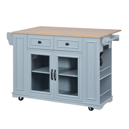 54" Mobile Kitchen Island with Glass Door Storage, Power Outlet & Open Shelves, Rolling Kitchen Cart with Towel Rack, Spice Rack & Knife Holder, Functional Kitchen Prep Table for Kitchen, Dining