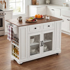 54" Mobile Kitchen Island with Glass Door Storage, Power Outlet & Open Shelves, Rolling Kitchen Cart with Towel Rack, Spice Rack & Knife Holder, Functional Kitchen Prep Table for Kitchen, Dining