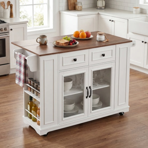 54" Mobile Kitchen Island with Glass Door Storage, Power Outlet & Open Shelves, Rolling Kitchen Cart with Towel Rack, Spice Rack & Knife Holder, Functional Kitchen Prep Table for Kitchen, Dining