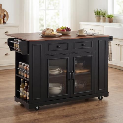 54" Mobile Kitchen Island with Glass Door Storage, Power Outlet & Open Shelves, Rolling Kitchen Cart with Towel Rack, Spice Rack & Knife Holder, Functional Kitchen Prep Table for Kitchen, Dining