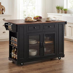 54" Mobile Kitchen Island with Glass Door Storage, Power Outlet & Open Shelves, Rolling Kitchen Cart with Towel Rack, Spice Rack & Knife Holder, Functional Kitchen Prep Table for Kitchen, Dining