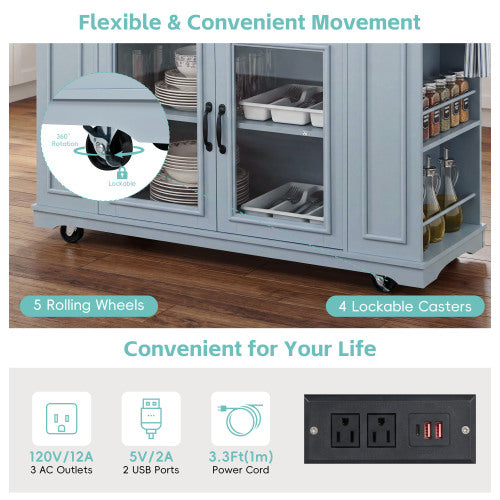 54" Mobile Kitchen Island with Glass Door Storage, Power Outlet & Open Shelves, Rolling Kitchen Cart with Towel Rack, Spice Rack & Knife Holder, Functional Kitchen Prep Table for Kitchen, Dining