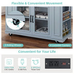54" Mobile Kitchen Island with Glass Door Storage, Power Outlet & Open Shelves, Rolling Kitchen Cart with Towel Rack, Spice Rack & Knife Holder, Functional Kitchen Prep Table for Kitchen, Dining