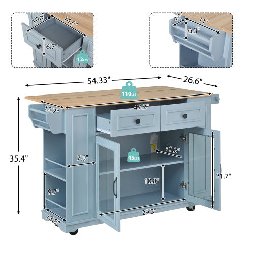54" Mobile Kitchen Island with Glass Door Storage, Power Outlet & Open Shelves, Rolling Kitchen Cart with Towel Rack, Spice Rack & Knife Holder, Functional Kitchen Prep Table for Kitchen, Dining