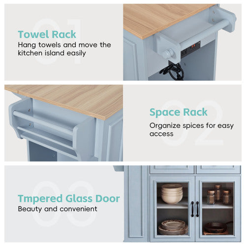 54" Mobile Kitchen Island with Glass Door Storage, Power Outlet & Open Shelves, Rolling Kitchen Cart with Towel Rack, Spice Rack & Knife Holder, Functional Kitchen Prep Table for Kitchen, Dining