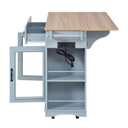 54" Mobile Kitchen Island with Glass Door Storage, Power Outlet & Open Shelves, Rolling Kitchen Cart with Towel Rack, Spice Rack & Knife Holder, Functional Kitchen Prep Table for Kitchen, Dining