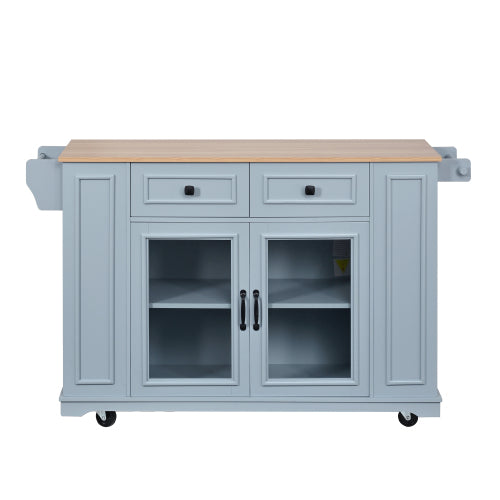 54" Mobile Kitchen Island with Glass Door Storage, Power Outlet & Open Shelves, Rolling Kitchen Cart with Towel Rack, Spice Rack & Knife Holder, Functional Kitchen Prep Table for Kitchen, Dining