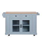54" Mobile Kitchen Island with Glass Door Storage, Power Outlet & Open Shelves, Rolling Kitchen Cart with Towel Rack, Spice Rack & Knife Holder, Functional Kitchen Prep Table for Kitchen, Dining