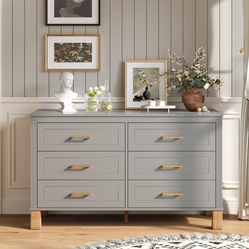 6-Drawer Double Dresser in Olive, Modern Storage Cabinet with Metal Handles & Solid Wood Legs, Dresser Drawer Organizer for Kids Bedroom, Heavy-Duty Wooden Dresser with Pre-Installed