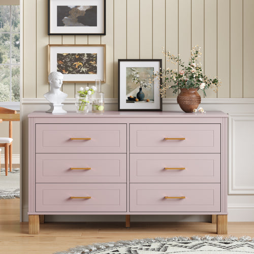 6-Drawer Double Dresser in Olive, Modern Storage Cabinet with Metal Handles & Solid Wood Legs, Dresser Drawer Organizer for Kids Bedroom, Heavy-Duty Wooden Dresser with Pre-Installed