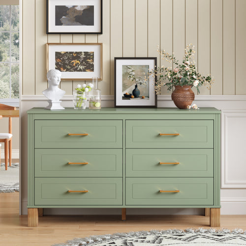 6-Drawer Double Dresser in Olive, Modern Storage Cabinet with Metal Handles & Solid Wood Legs, Dresser Drawer Organizer for Kids Bedroom, Heavy-Duty Wooden Dresser with Pre-Installed
