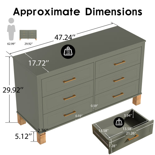 6-Drawer Double Dresser in Olive, Modern Storage Cabinet with Metal Handles & Solid Wood Legs, Dresser Drawer Organizer for Kids Bedroom, Heavy-Duty Wooden Dresser with Pre-Installed