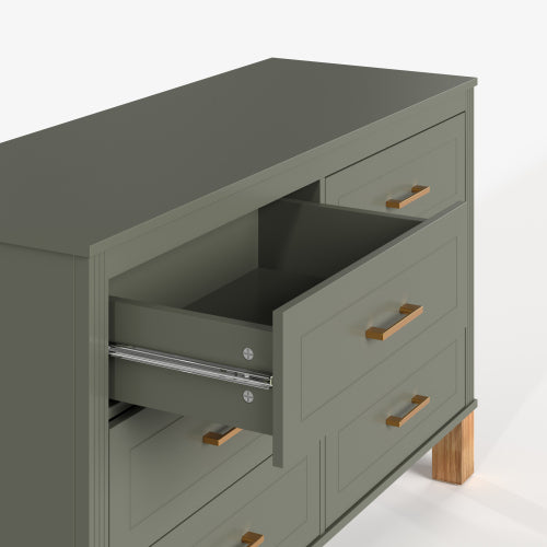 6-Drawer Double Dresser in Olive, Modern Storage Cabinet with Metal Handles & Solid Wood Legs, Dresser Drawer Organizer for Kids Bedroom, Heavy-Duty Wooden Dresser with Pre-Installed
