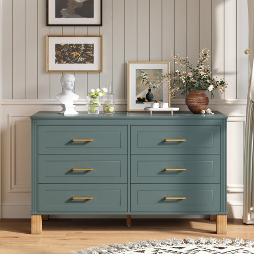 6-Drawer Double Dresser in Olive, Modern Storage Cabinet with Metal Handles & Solid Wood Legs, Dresser Drawer Organizer for Kids Bedroom, Heavy-Duty Wooden Dresser with Pre-Installed