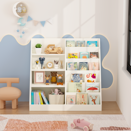 Kids Bookshelf and Toy Storage Organizer, Multifunctional 4 Tier Wooden Kids Book Shelf with Bookcase Display Stand in Kids Room Playroom Nursery for Kids, Children, Toddlers