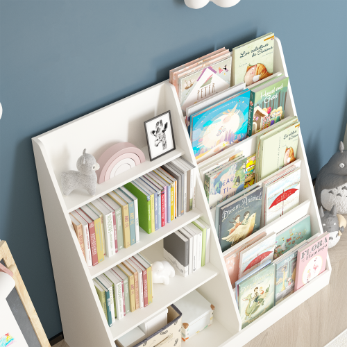 Kids Bookshelf and Toy Storage Organizer, Multifunctional 4 Tier Wooden Kids Book Shelf with Bookcase Display Stand in Kids Room Playroom Nursery for Kids, Children, Toddlers