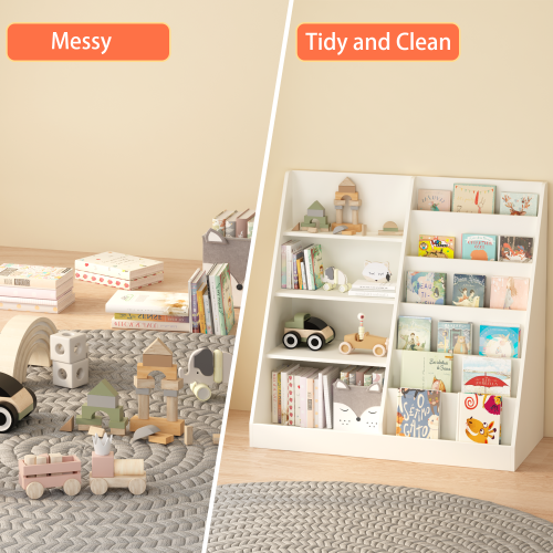 Kids Bookshelf and Toy Storage Organizer, Multifunctional 4 Tier Wooden Kids Book Shelf with Bookcase Display Stand in Kids Room Playroom Nursery for Kids, Children, Toddlers