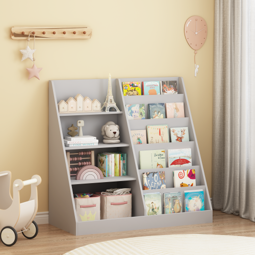 Kids Bookshelf and Toy Storage Organizer, Multifunctional 4 Tier Wooden Kids Book Shelf with Bookcase Display Stand in Kids Room Playroom Nursery for Kids, Children, Toddlers