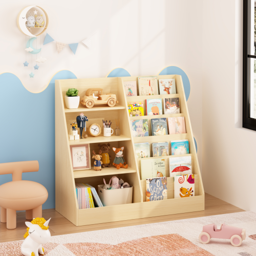 Kids Bookshelf and Toy Storage Organizer, Multifunctional 4 Tier Wooden Kids Book Shelf with Bookcase Display Stand in Kids Room Playroom Nursery for Kids, Children, Toddlers