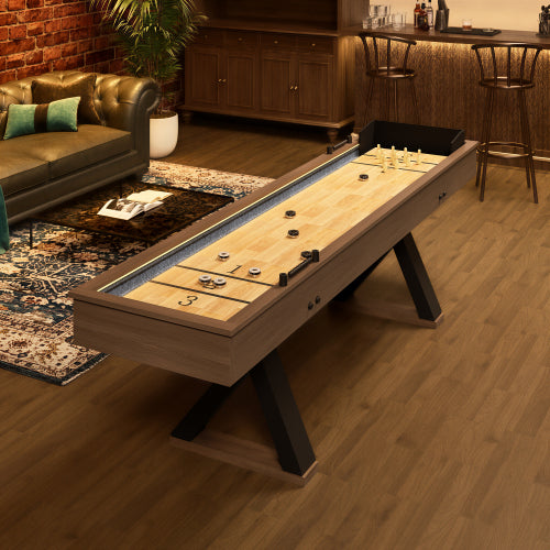 9FT Shuffleboard Table,2-in-1 Shuffleboard & Bowling Combo Game Set with LED Light Rail,Modern Style for Home & Game Room