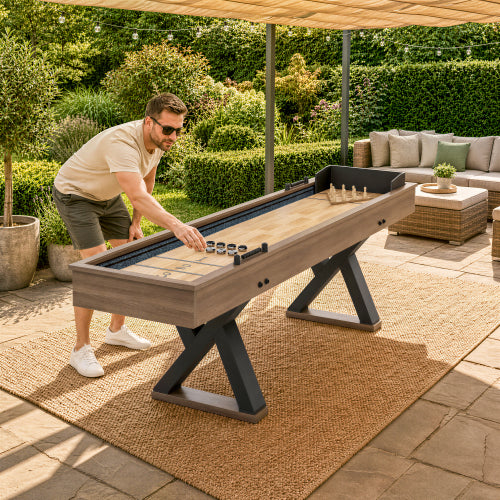 9FT Shuffleboard Table,2-in-1 Shuffleboard & Bowling Combo Game Set with LED Light Rail,Modern Style for Home & Game Room