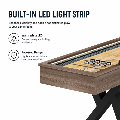 9FT Shuffleboard Table,2-in-1 Shuffleboard & Bowling Combo Game Set with LED Light Rail,Modern Style for Home & Game Room