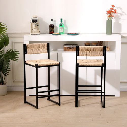 Bar Stools Set of 2 Paper Rope Weave Dining Chairs with Back Hand Weave Stools for Kichen Island, Bar & Counter