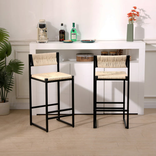 Bar Stools Set of 2 Paper Rope Weave Dining Chairs with Back Hand Weave Stools for Kichen Island, Bar & Counter