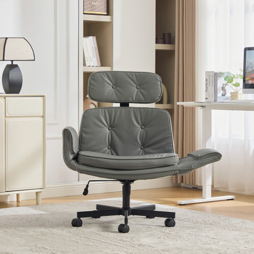 Criss Cross Chair with Adjustable Armrests & Wheels & Headrest, Lounge Vanity Desk Chair with Wide Seat for Cross-Legged Sitting, Swivel Task Office Chairs for Home, Makeup, Gaming, Office, Ivory