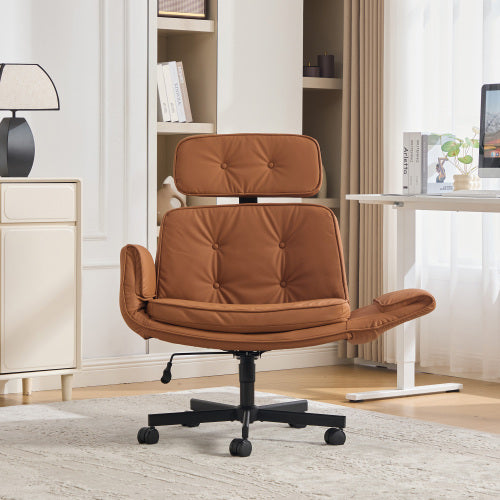 Criss Cross Chair with Adjustable Armrests & Wheels & Headrest, Lounge Vanity Desk Chair with Wide Seat for Cross-Legged Sitting, Swivel Task Office Chairs for Home, Makeup, Gaming, Office, Ivory