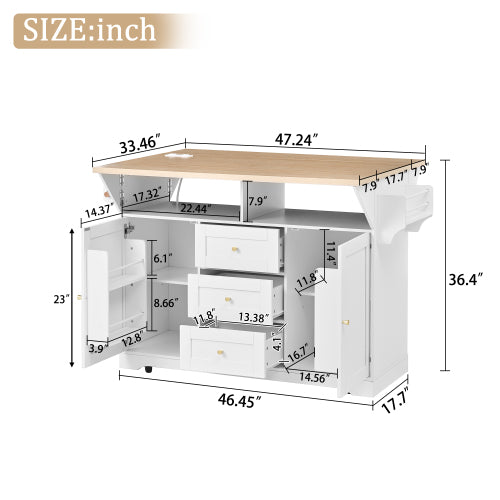 Large Kitchen Island with 2 Drop Leaf,Rolling Kitchen Cart on 5 Wheels with Power Outlet,Folding Storage Dining Table with Spice & Towel Rack , 3 Drawers, for Kitchen, Dining Room, White