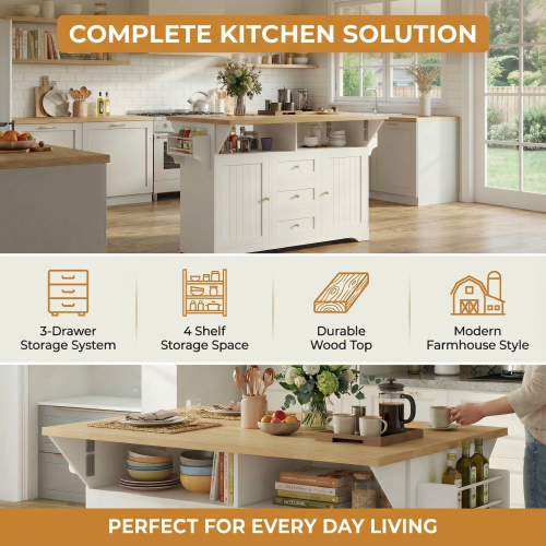 Large Kitchen Island with 2 Drop Leaf,Rolling Kitchen Cart on 5 Wheels with Power Outlet,Folding Storage Dining Table with Spice & Towel Rack , 3 Drawers, for Kitchen, Dining Room, White