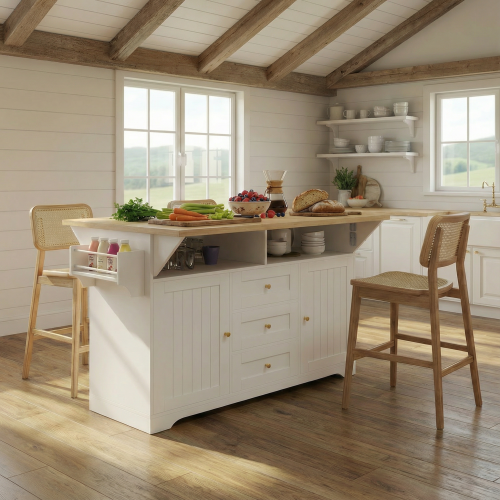 Large Kitchen Island with 2 Drop Leaf,Rolling Kitchen Cart on 5 Wheels with Power Outlet,Folding Storage Dining Table with Spice & Towel Rack , 3 Drawers, for Kitchen, Dining Room, White