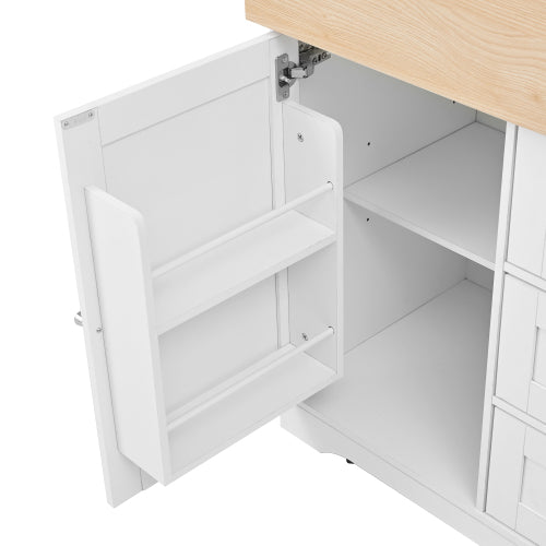 Large Kitchen Island with 2 Drop Leaf,Rolling Kitchen Cart on 5 Wheels with Power Outlet,Folding Storage Dining Table with Spice & Towel Rack , 3 Drawers, for Kitchen, Dining Room, White