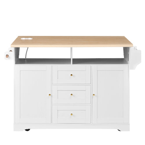 Large Kitchen Island with 2 Drop Leaf,Rolling Kitchen Cart on 5 Wheels with Power Outlet,Folding Storage Dining Table with Spice & Towel Rack , 3 Drawers, for Kitchen, Dining Room, White