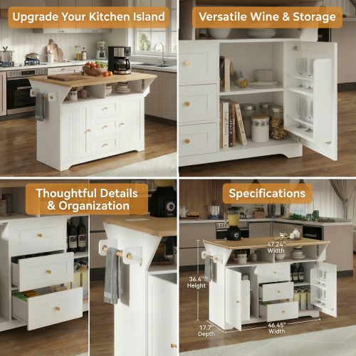 Large Kitchen Island with 2 Drop Leaf,Rolling Kitchen Cart on 5 Wheels with Power Outlet,Folding Storage Dining Table with Spice & Towel Rack , 3 Drawers, for Kitchen, Dining Room, White