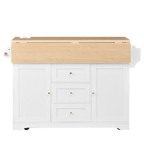 Large Kitchen Island with 2 Drop Leaf,Rolling Kitchen Cart on 5 Wheels with Power Outlet,Folding Storage Dining Table with Spice & Towel Rack , 3 Drawers, for Kitchen, Dining Room, White