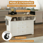 Large Kitchen Island with 2 Drop Leaf,Rolling Kitchen Cart on 5 Wheels with Power Outlet,Folding Storage Dining Table with Spice & Towel Rack , 3 Drawers, for Kitchen, Dining Room, White